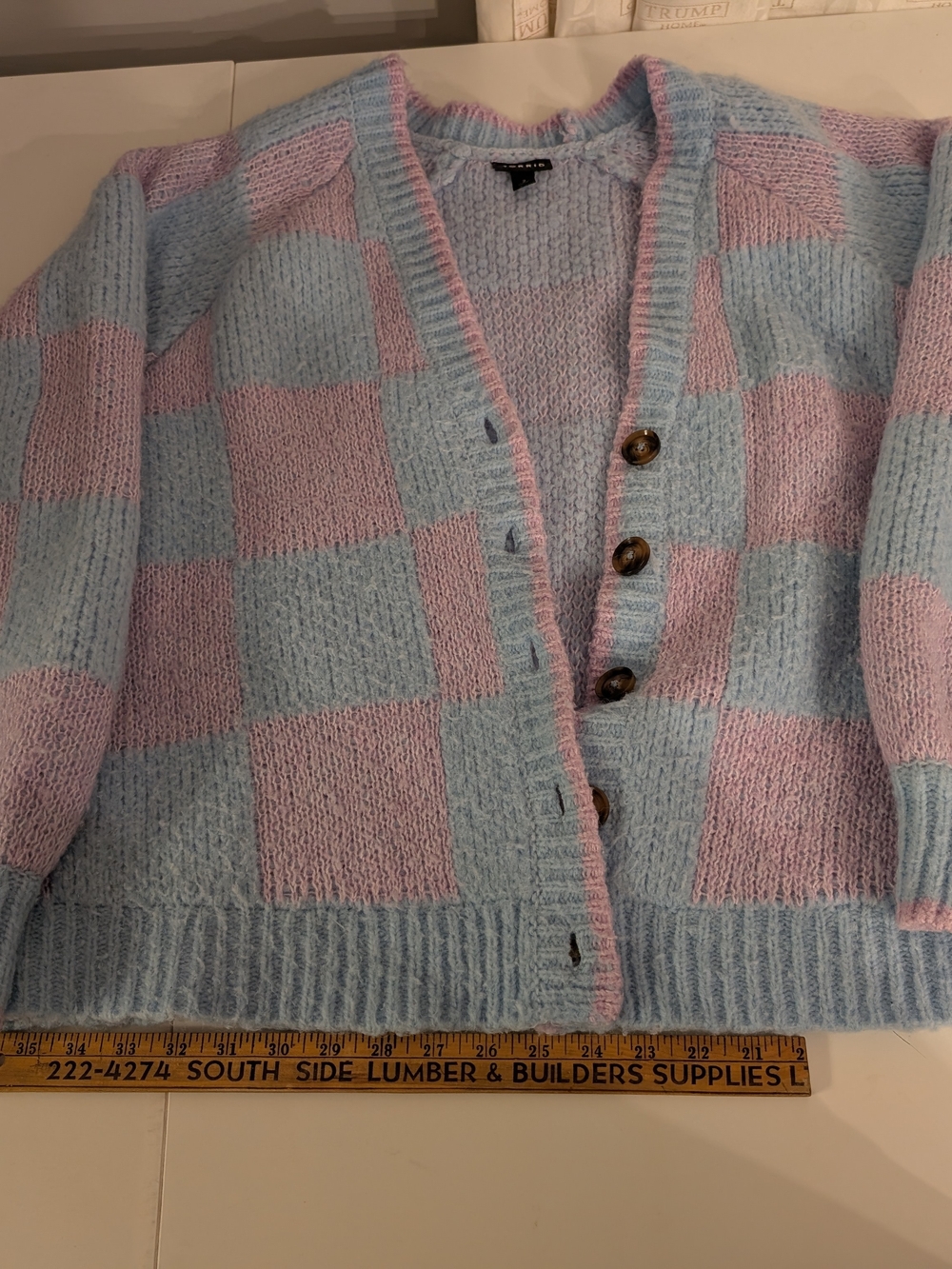 Torrid Pastel Blue & Pink Checkered Knit Cardigan Size 2 Soft